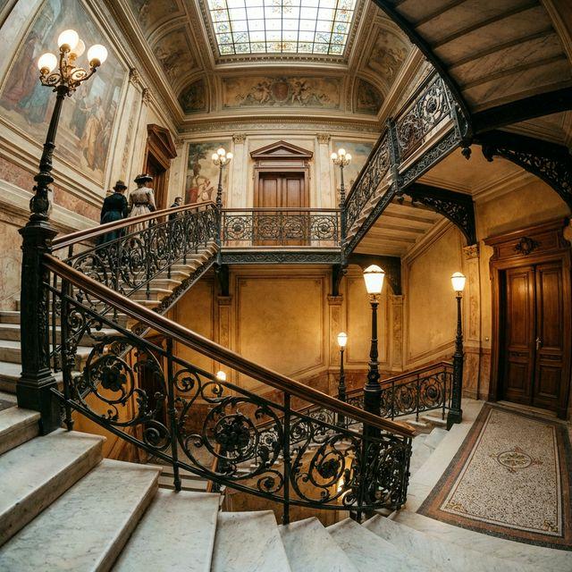 Wiener Gründerzeit-Stiegenhaus mit restaurierten Gusseisen-Geländern